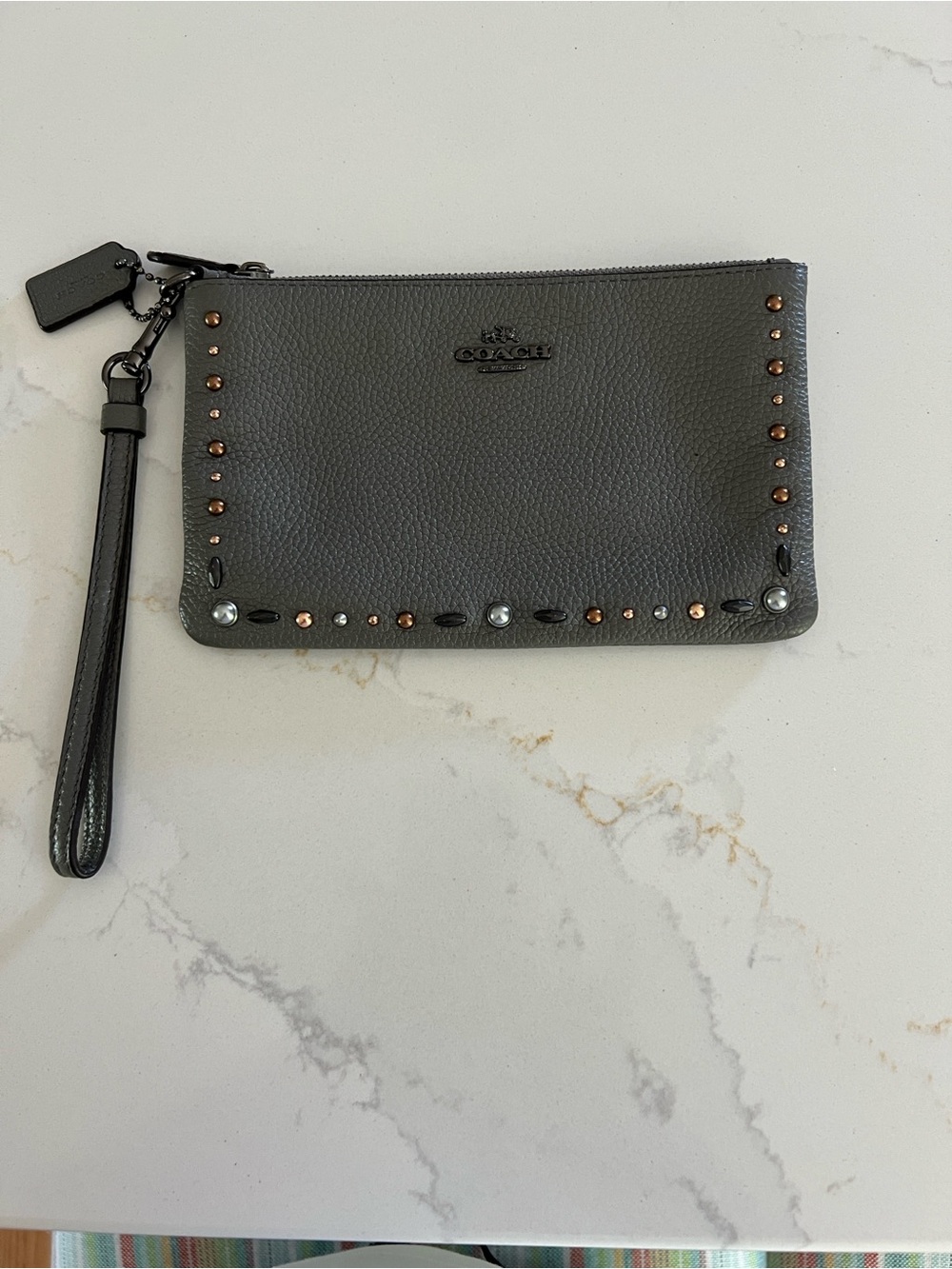 Coach Gray Pebble Leather Studded Wristlet